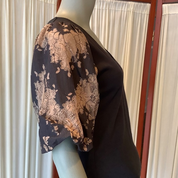 Anthropologie Dolan Lace Puff-Sleeve Top Black Ribbed Size S - Picture 3 of 10